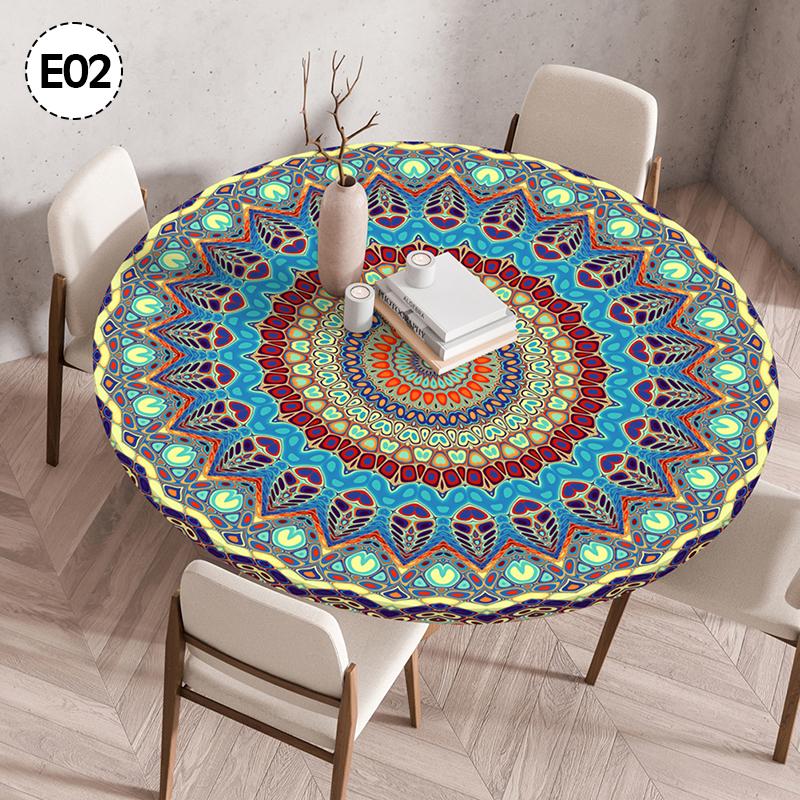 Mandala-bedeckter runder Tischbezug, nicht waschbar, wasserdicht, ölabweisend, staubdicht, elastische böhmische Tischdecke für Heimdekoration