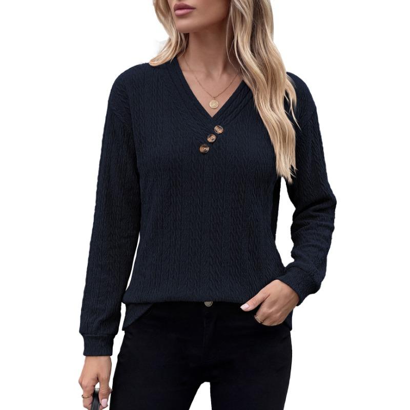 Women Solid Color V Neck Button Decoration Loose Long Sleeve Casual T Shirt Top