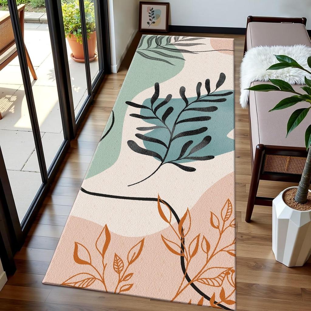 Minimalist Plant Themes Runner Rug Geometry Line Leaf Print Non-Slip Soft Mat Modern Abstract Home Decor Carpet for Hallway