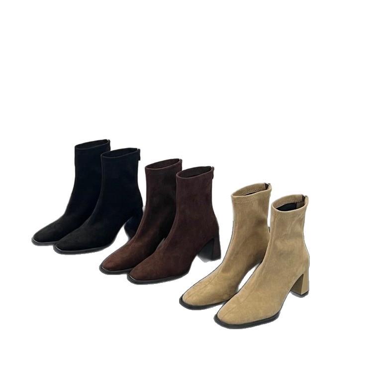 French Thick High Heel and Ankle Boots Martin Boots Women's Shoes New Autumn and Winter Short Tube Square Head Thin Elastic Boots