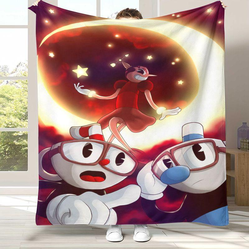 Retro Game Cuphead Mugman Cartoon Flannel Blanket,Ultra Soft Warm Plush Throw for Home Bedroom Bed Sofa Cover Office Picnic gift