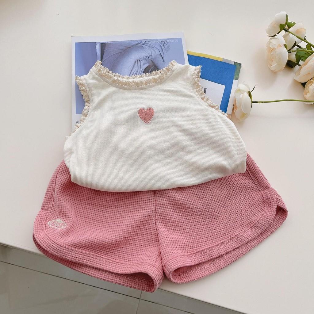Adorable Korean Style Summer Two Piece Set For Girls Featuring Heart Embroidery And Soft Cotton Fabric