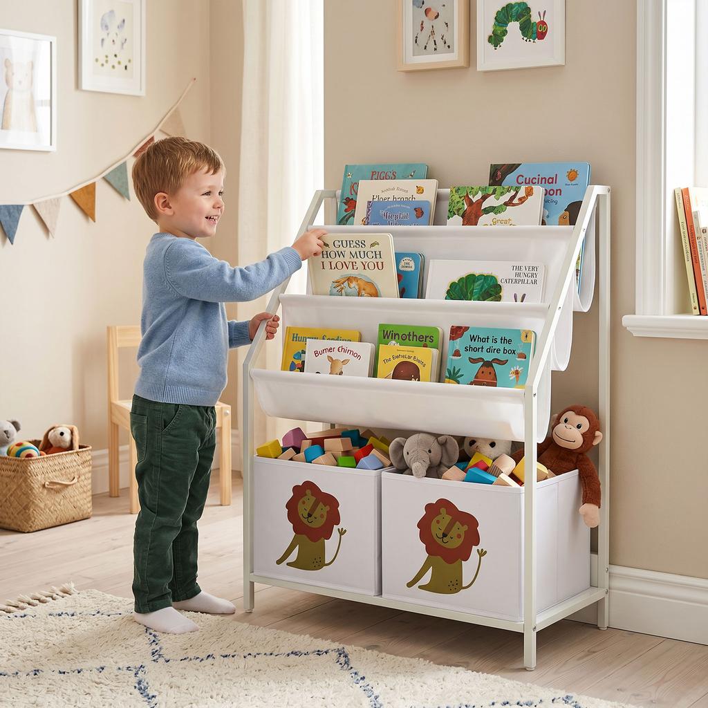 4-Tier Children's Bookshelf, Kids Bookcase with Book Holder and Fabric Drawer, White