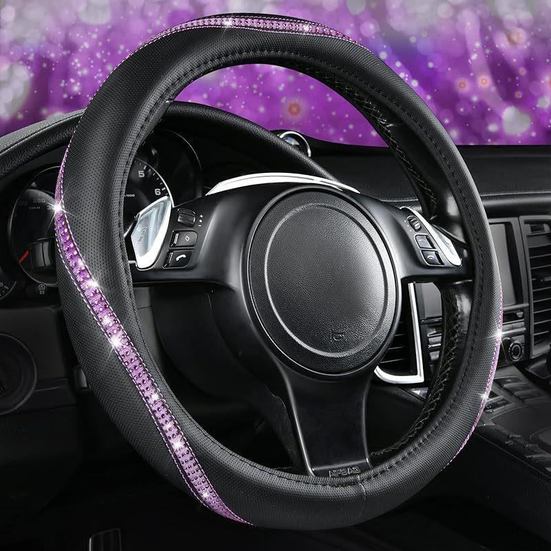 Universal Crystal Rhinestone Leather Steering Wheel Cover Car SUV Truck - Non-Slip Handmade Fashion Accessory