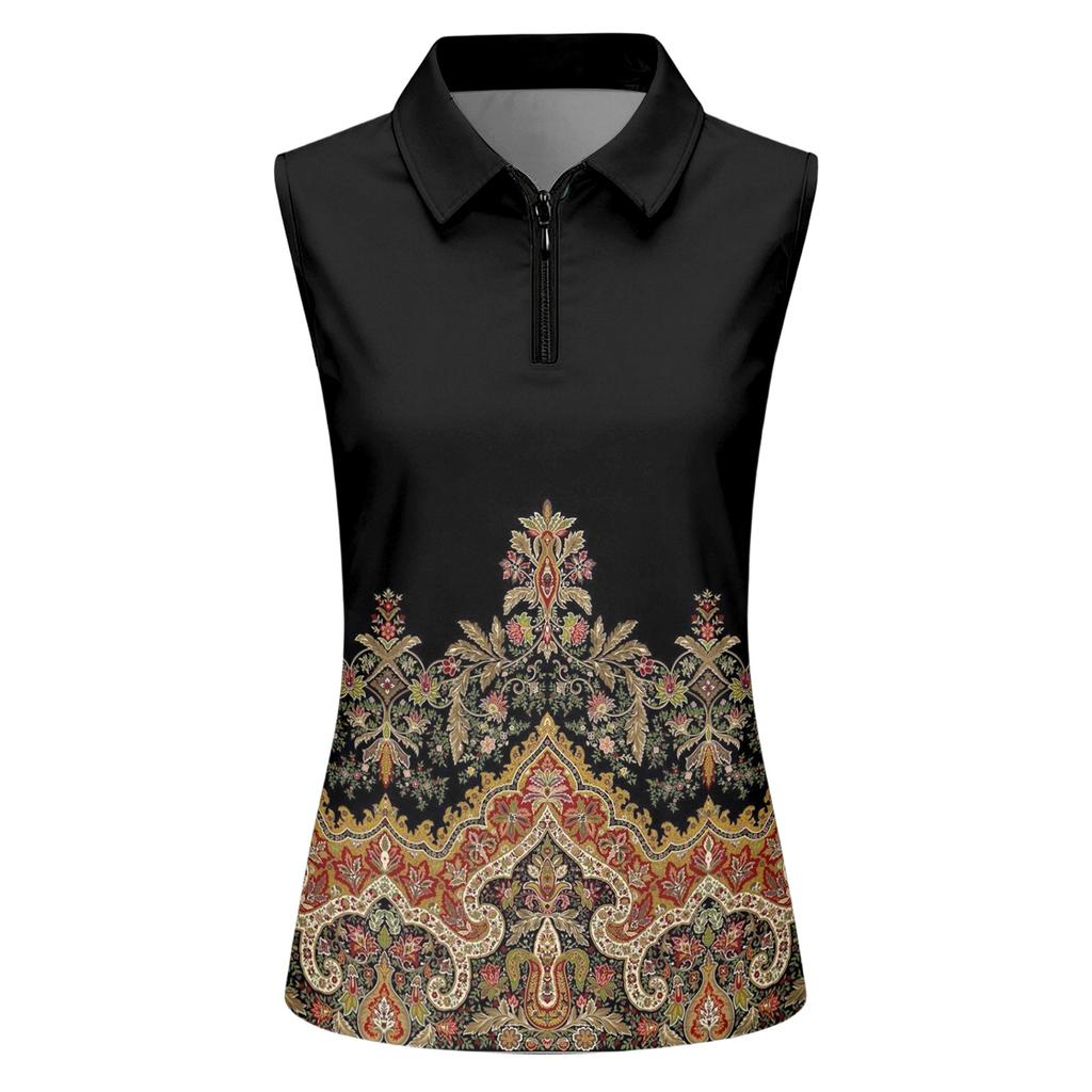 Camiseta Polo de Golf sin Mangas para Mujer con Cuello con Cremallera Estampado de Hojas Transpirable Camiseta sin Mangas Deportiva para Deportes y Actividades al Aire Libre