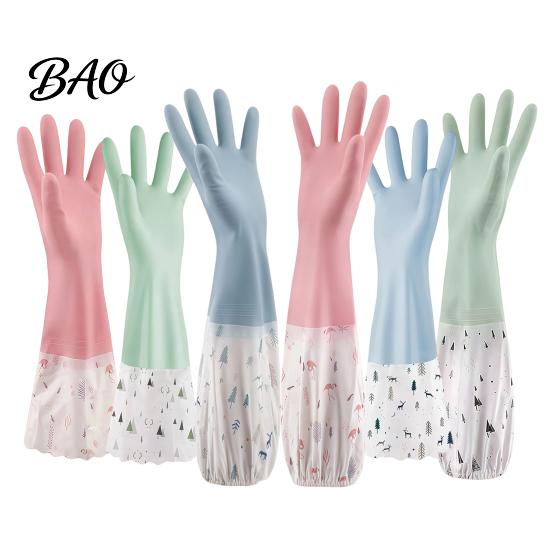 Warm Household Cleaning Gloves Long Sleeves Dishwashing Gloves, Thick Fleece Lining Non-Slip Silicone Rubber for Kitchen And Bath Reusable Waterproof