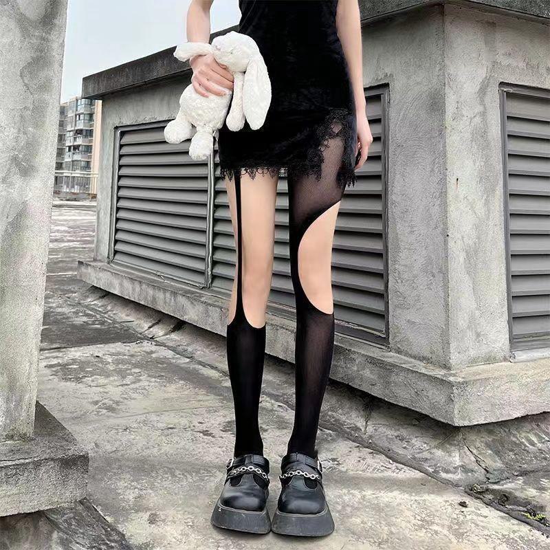 Black Fishnet Stockings with Irregular Holes - Sexy One-Piece Suspender Style for Women