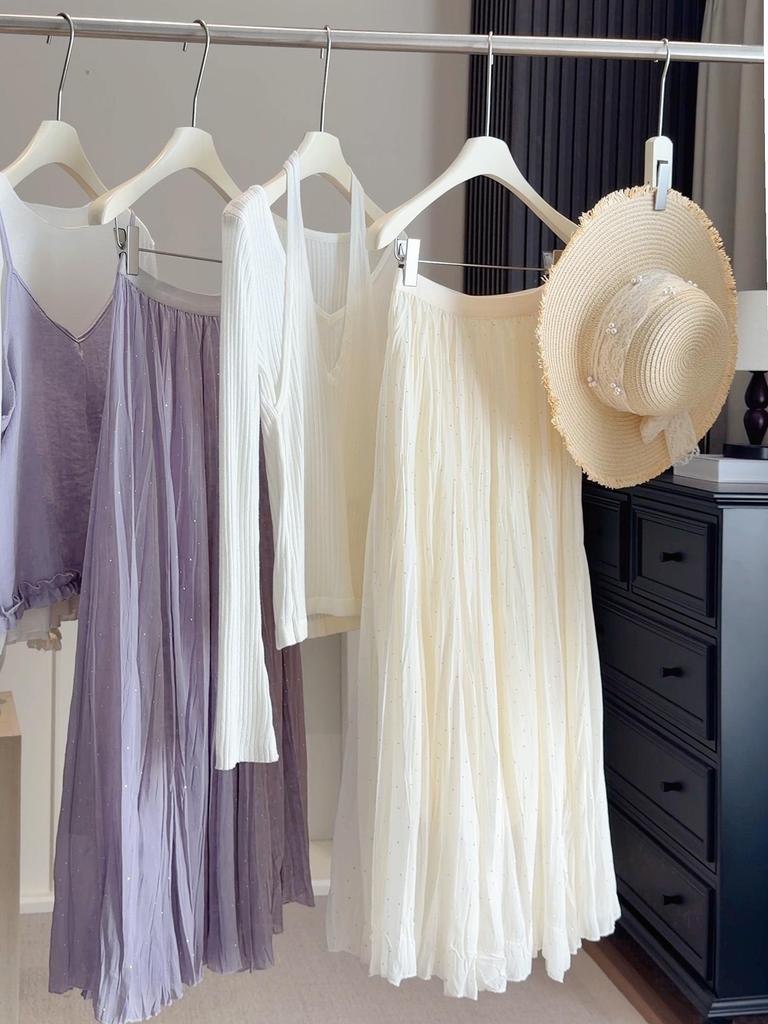 Ethereal Hot-Fix Pleated Chiffon A-Line Skirt for Women, Spring 2026 - Slimming with Large Hem Design