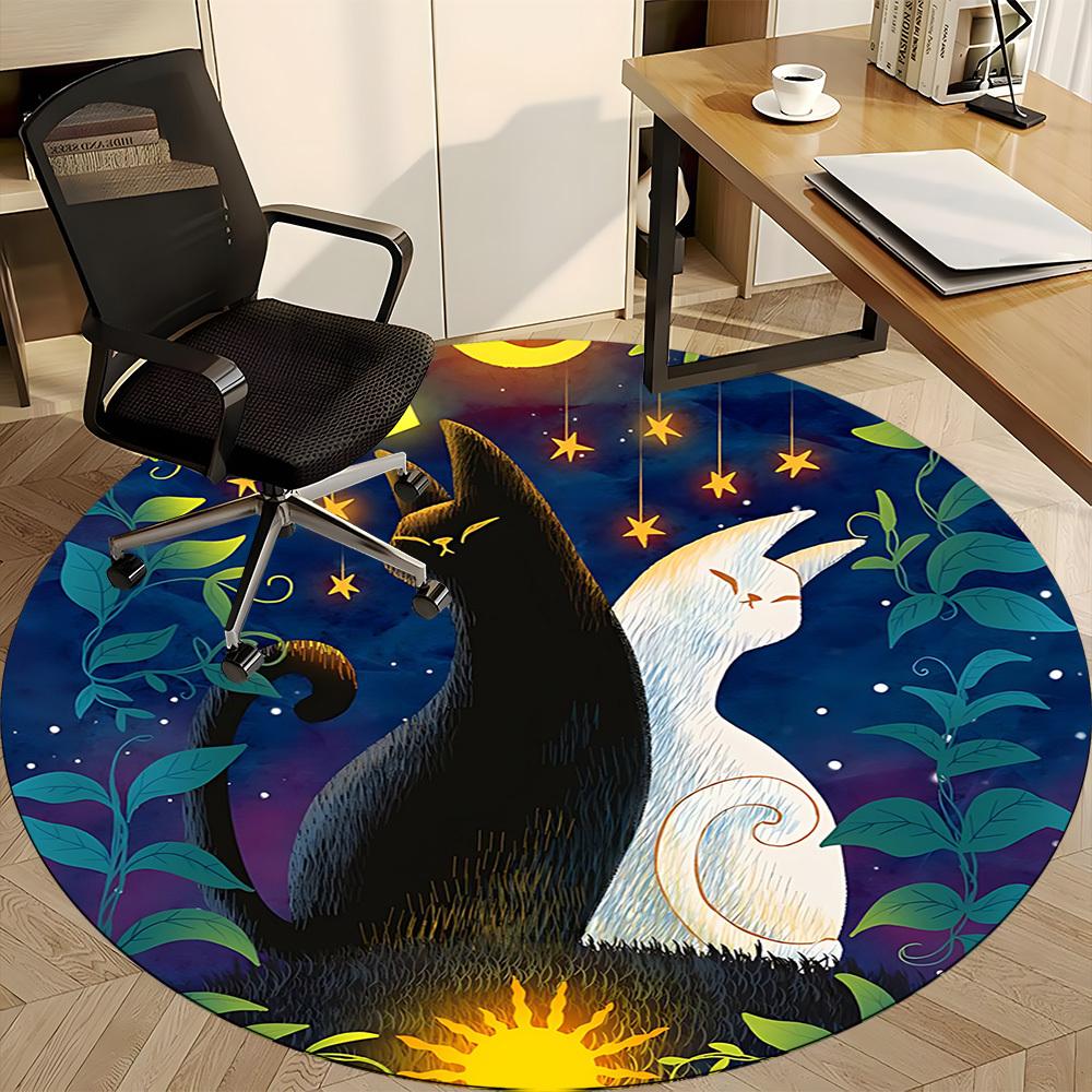 1pc Night Cats Office Round Area Rug, Indoor Mat Suitable ForOffice, Under Office Chairs Bedroom Living Room Home Decor, Room Deco T036