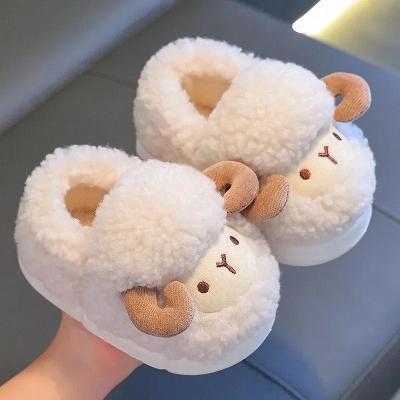 Winter Children Cotton Slippers Boys Girls Warm Anti Slip Home Slipper Fashion Cute Cartoon Alpaca Kids Parent-Child Plush Shoes