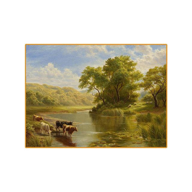 Pastorial Oil Painting, Canvas, Painting, Landscape Posters and Prints, Photographs with Mountain Rivers, Living Room Decor