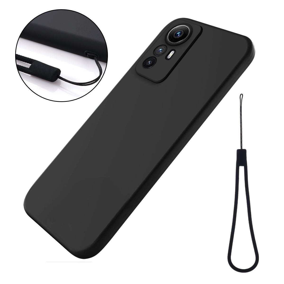 

For Xiaomi Redmi Note 12S 4G Liquid Silicone Phone Case Soft Lining Anti-scratch Phone Cover with Strap Black