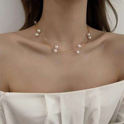 Elegantní dvouvrstvý perlový náhrdelník s náhrdelníkem z korejských šperků Sexy klíční řetízek pro ženy