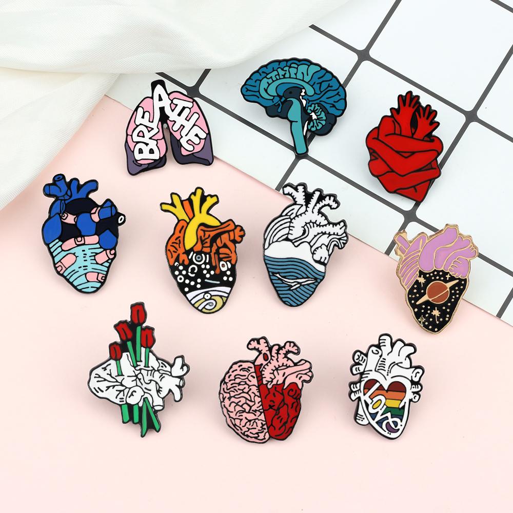 Fashion Body Organs Enamel Brooch Heart Brain Lung Lapel Pins Art Design Ocean Flowers Symbol Love Badge Bag Denim Jewelry Gifts