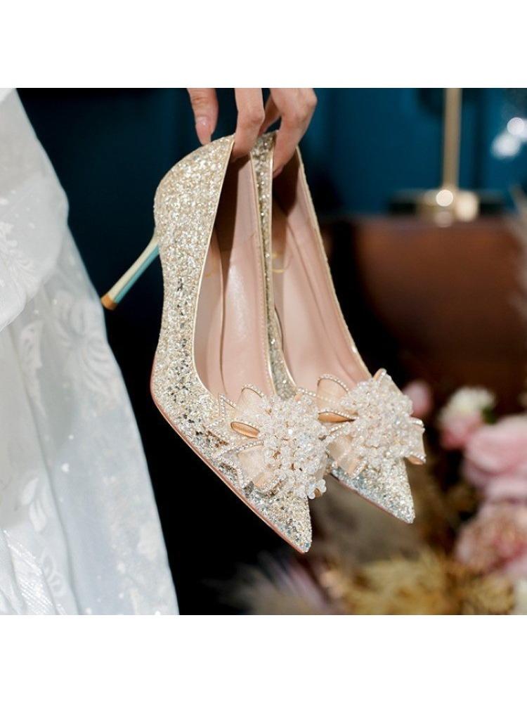 Fashion 2025 New Spring and Summer Wedding Shoes Two Wear Bridal Shoes Rhinestone Sequin Heels