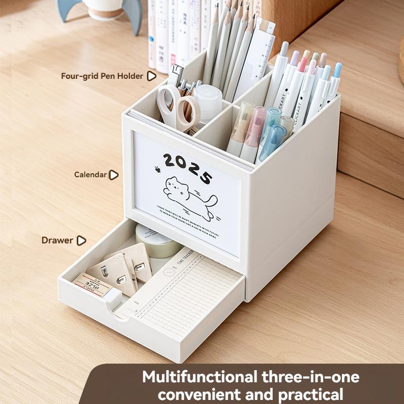 360-degree Rotating Desk Calendar Pen Holder Cute Cat Desktop Stationery Organizer Multi Functional Desk Calendar