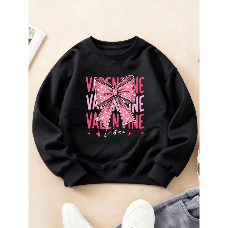 Kids Crewneck Long Sleeve Sweatshirt, Romantic Big Bow Valentine’s Day Graphic, Stylish Warm Top 110