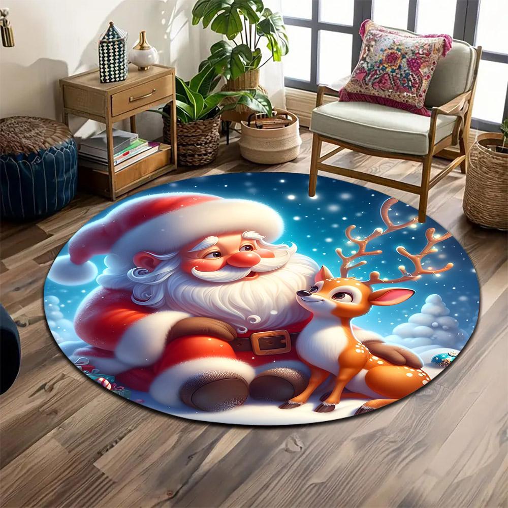 Santa and Reindeer Under Snowy Sky Print round rug, living room, bedroom, playroom carpet, non slip floor mat, gift