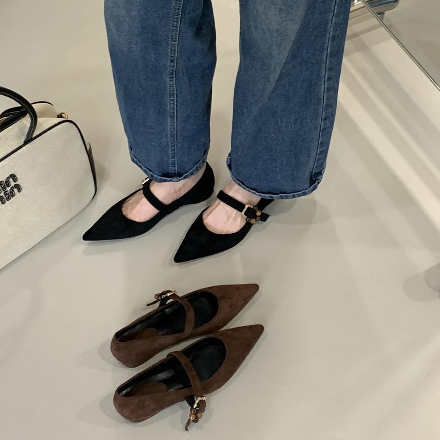 2025 new French heightening shallow mouth pointed suede word with Mary Jane shoes women's gentle and versatile daily commute