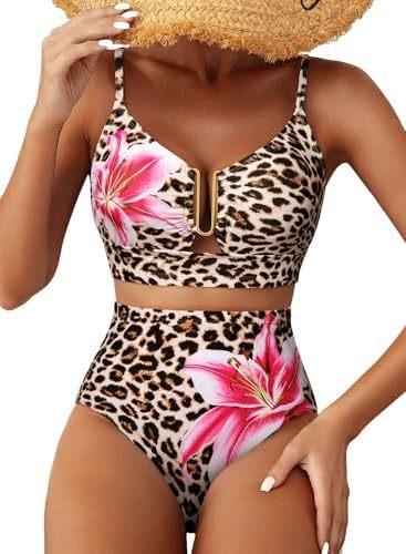Women's High Waist U-Line Bikini Set Floral Print Swimsuit Cross Back Swimming