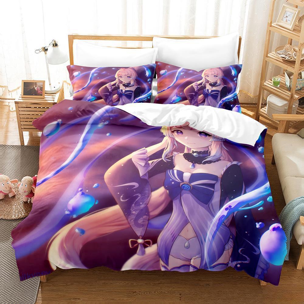 Genshin Impact Sangonomiya Kokomi Bedding Set Cartoon Anime Three-piece Set Adult Kid Bedroom Duvet Cover Sets 3D Kawaii Girls