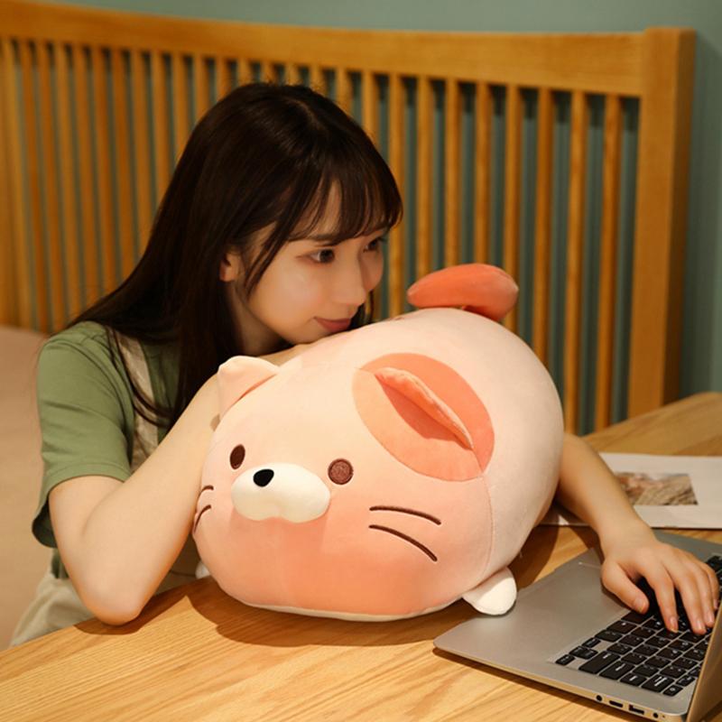 305060Cm Fatty Cat Stuffed Doll Lying 3-Color Pink Grey Brown Kitten Cartoon Animal Plush Toy Soft Comforting Present