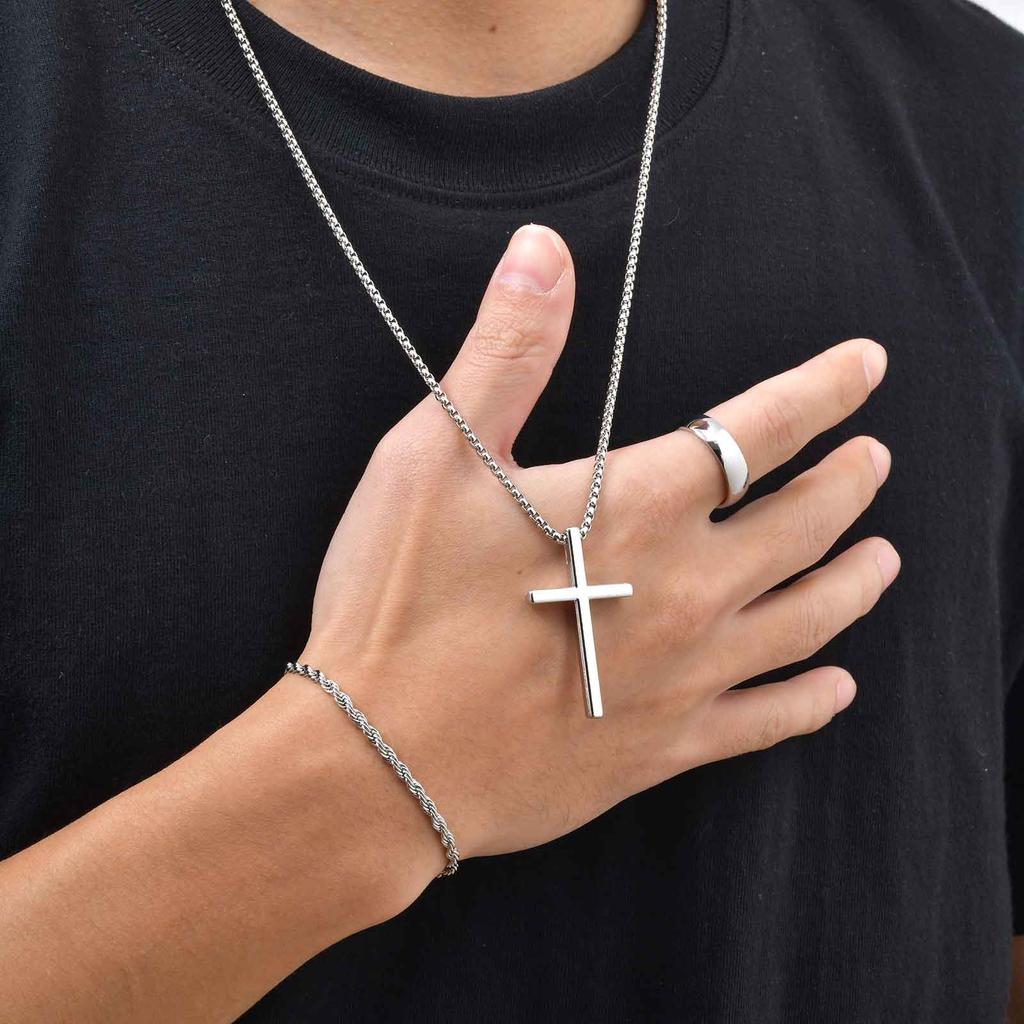 Vnox Men's Cross Pendant Necklace Classic Wedding Rings Rope Chain Bracelet Jewelry Set, Jewelry Set Gift for Dad Son Husband
