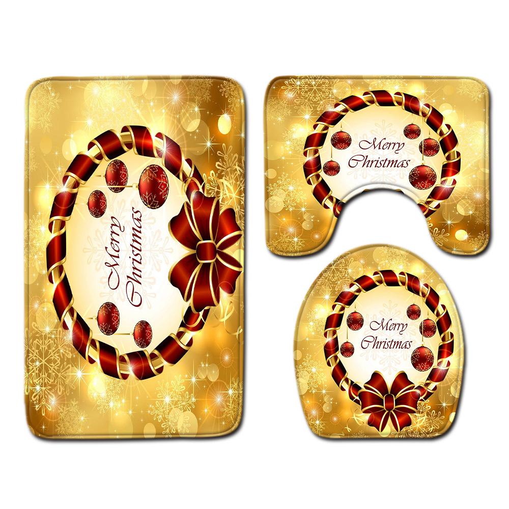 Christmas Shower Curtain Floor Mat Combination Four-Piece Set Bathroom Toilet Carpet Shower Room Mat Foot Mat