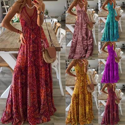 2023 Bohemian Halter V-Neck Floral High-Waist Long Dress for Women