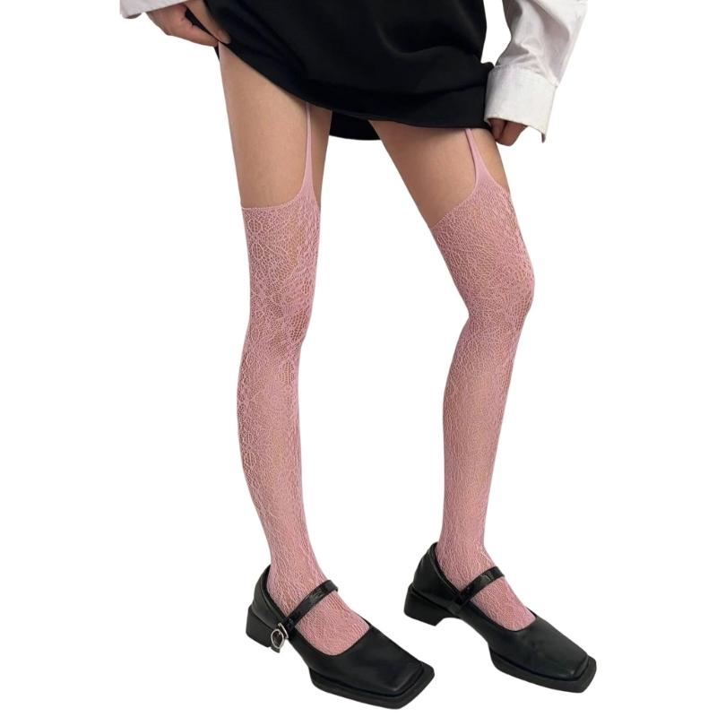 Women Fishnet Garter Belt Pantyhose Punk Flower Lace Patterned Sheer Thigh High Stockings Suspender Strap Tights Hosiery