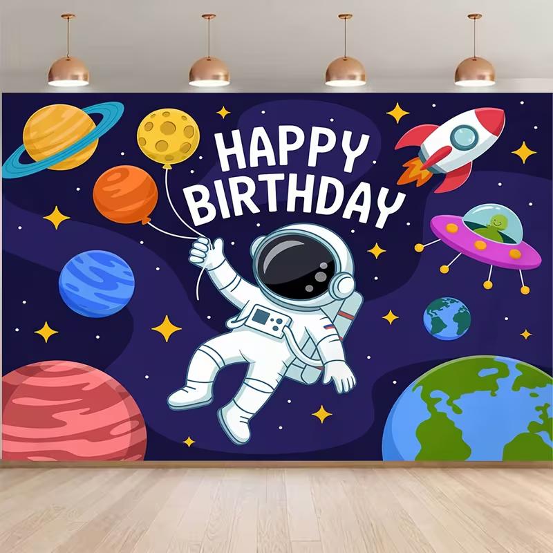 2D Astronaut Space Happy Birthday Backdrop Kids Birthday Party Photography Background Banner