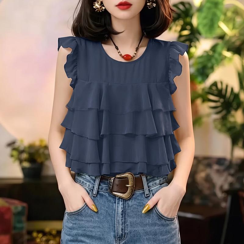 ZANZEA Women Casual Round Neck Loose Sleeveless Ruffles Blouse