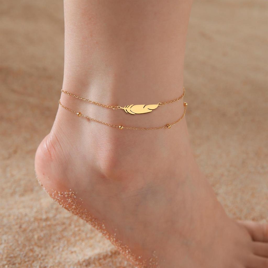 Women's Double-Layer Beaded Stainless Steel Ankle Chain Fashion Beach Anklet