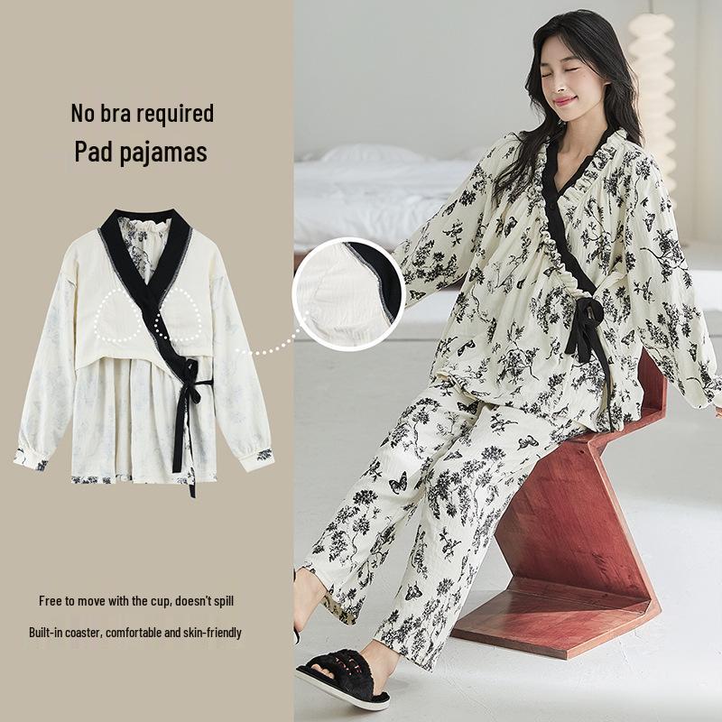 

Женский мультяшный пижамный комплект с нагрудными вкладышами - весенне-осенний хлопок с ощущением облака, кардиган с длинным рукавом, тонкий халат, домашняя и уличная одежда M (80-95 jin)