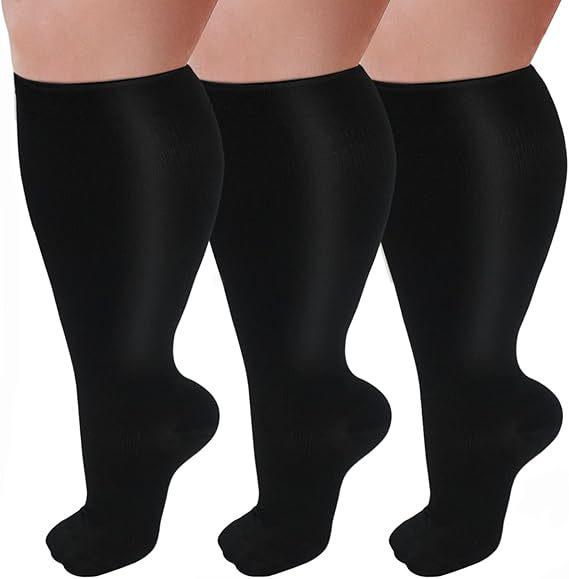 Three-Pair Pack Plus Size Knee-High Compression Socks for Wide Calf - Extra Large Support & Circulation Pressure Socks