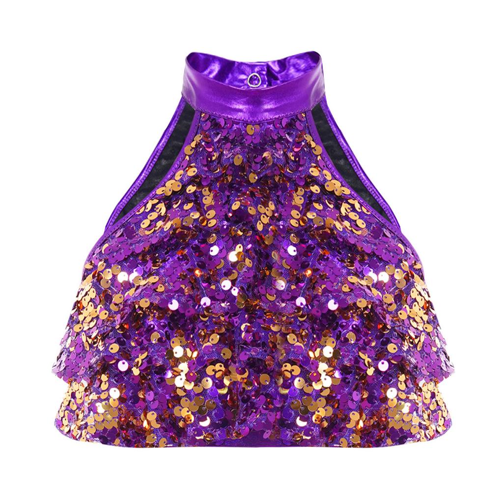 Girls Sleeveless Mock Neck Shiny Sequin Tiered Backless Crop Top Dance Performance Top