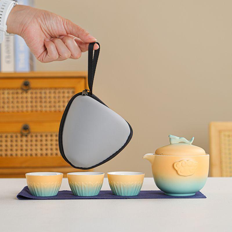 Travel Ceramic Tea Set, Kung Fu Tea Brewing Teapot, Anti-scalding Handle Teapot, Portable Storage, 1 Tea Pot and 3 Cups,