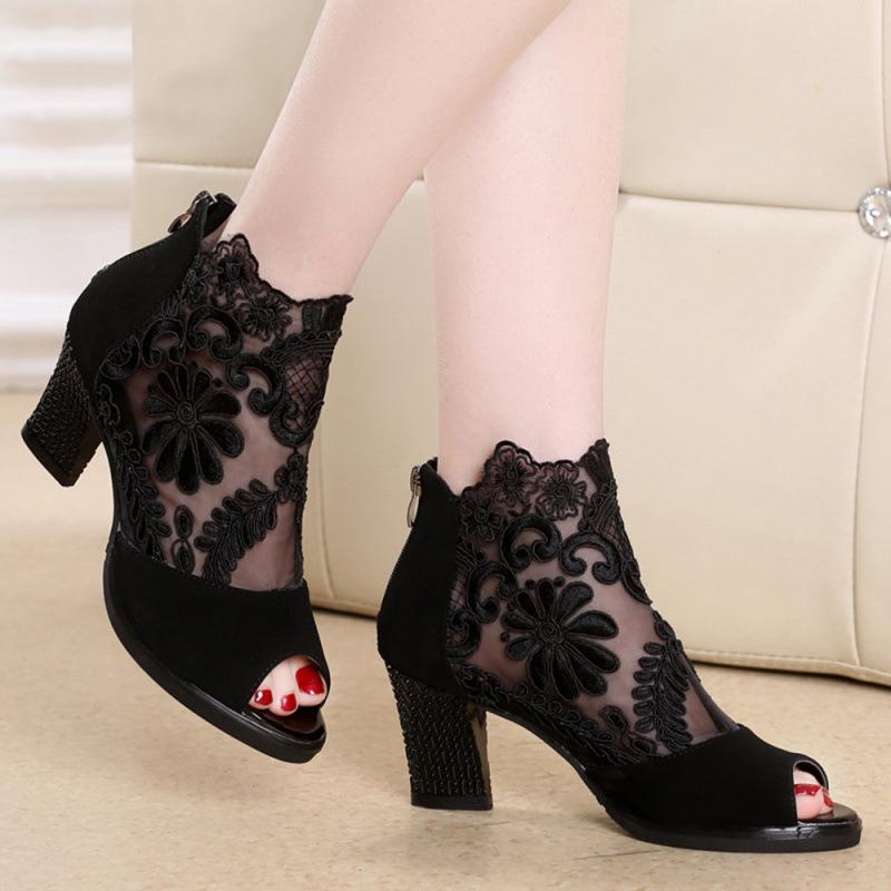 Source ebay large size mesh high heels thick heel lace fish mouth high heels sandals 35