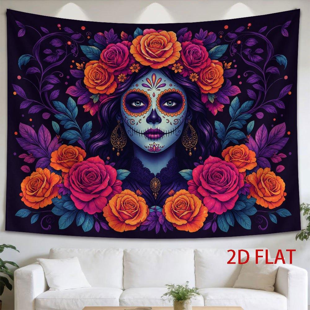 1pc Tapestry Day of The Dead Sugar Skull Woman Surrounded by Vibrant Roses in a Floral Crown
