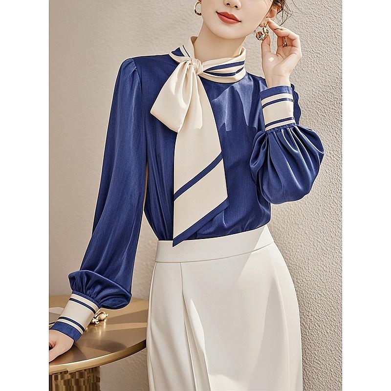 French Bow Tie Long Sleeve Button Shirt for Women Spring and Autumn New Temperament Cardigan Top