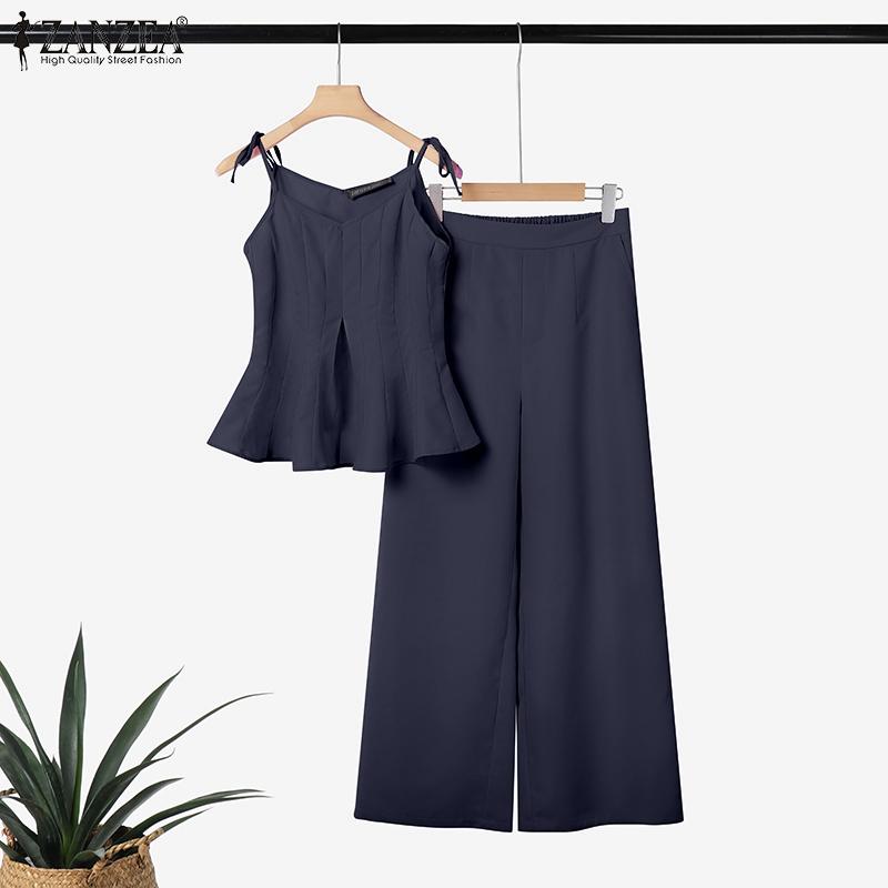 ZANZEA Women Sleeveless Straps Tops and Pants Summer Two Piece Suit Sets