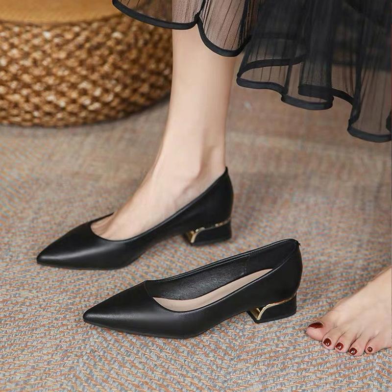 Pointed single shoes women's thick heel 3 cm short heel not tired of standing for a long time black commuter work low heel professional work shoes
