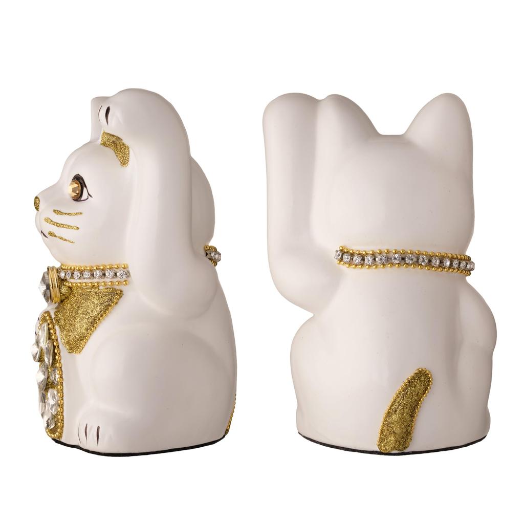 Lucky Cat Jewelry Cat Left Paw Raised Ceramic Lucky Cat Auspicious Feng Shui Ornament (M-SIZE White) / _ Maneki-neko (jw_M White)