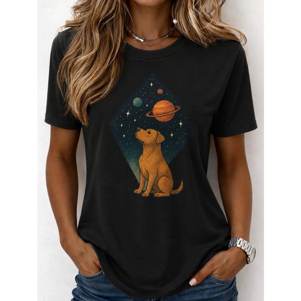 Mode Damen Retro Kreativ Haustier Muster Druck T-Shirt Lustig Lässig Rundhals Kurzarm T-Shirt Sommer Damen T-Shirt
