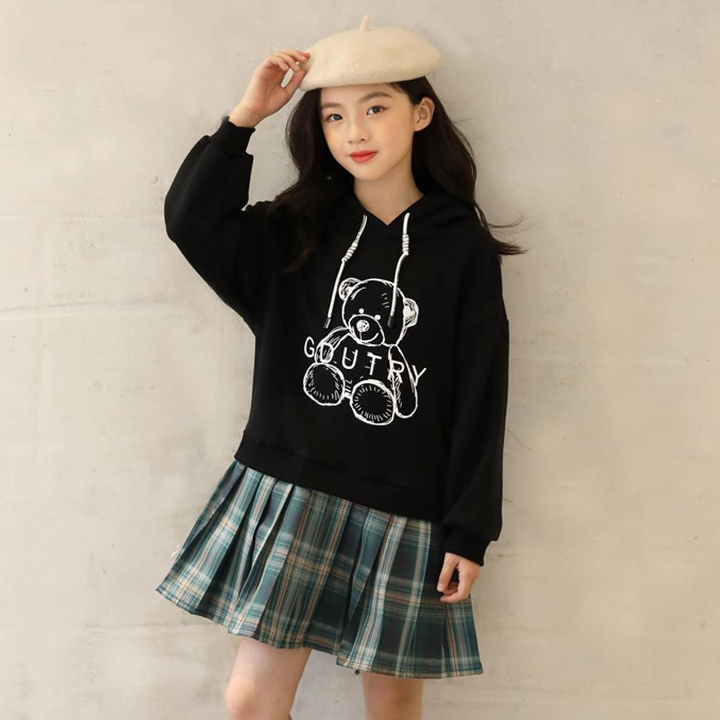 Kapuzenpullover mit Bärenplissee Lang Lagenlook Lässige Größen Perfekt für Alltag und YY-Natuhi Mädchenkleid, Druck, Rock, Ärmel, Look, Tunika, 110-160cm,