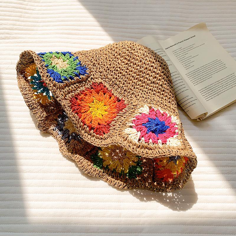 French flower hollow woven straw hat women's summer sunshade sun protection bucket hat seaside beach vacation sun hat