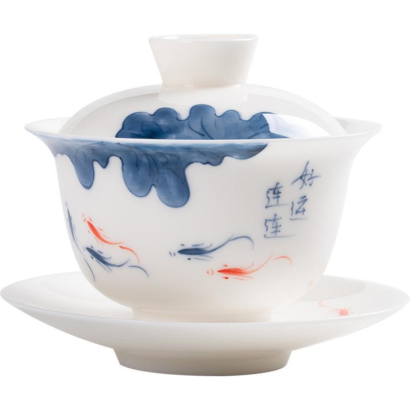Hover Sancai Gaiwan Teacup Single Large Hand-Painted White Porcelain Tea Set Ceramic Anti-Scalding Tea Bowl