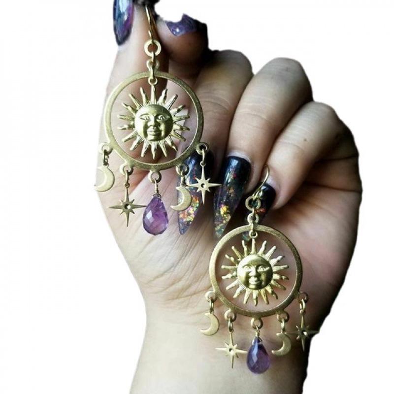 Bohemian Ethnic Amethyst Teardrop Earrings
