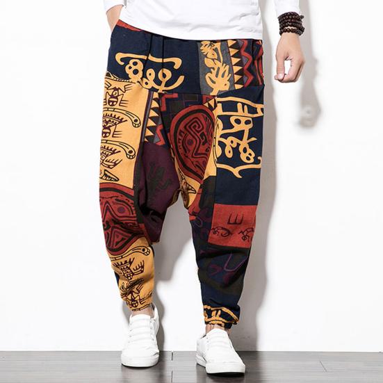 Harem Pants Large Crotch Ankle Tied Fashion Print Elastic Waist Loose Streetwear Plus Size Baggy Pants for Daily Wear