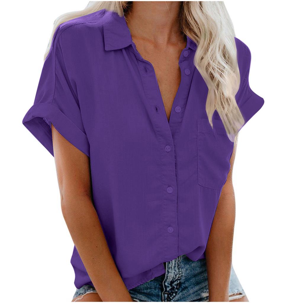 Women's Point Collar Short Sleeve Button Down Shirt Straight Fit Casual Summer Blouse